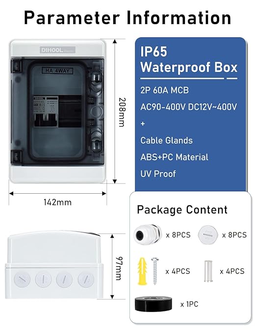 DIHOOL 60 Amp DC Circuit Breaker Box PV Solar Disconnect Switch with Small Breaker Box