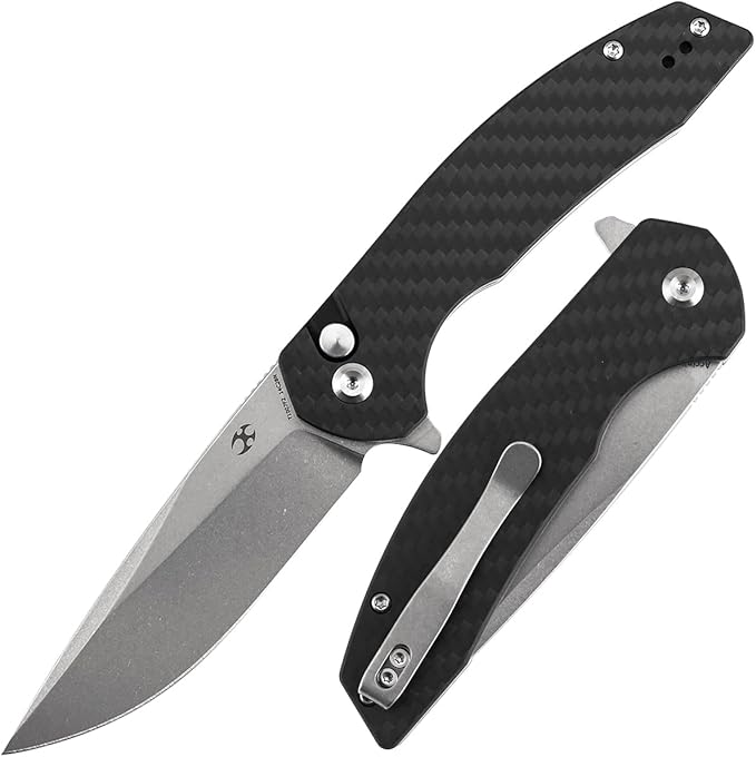 KANSEPT Accipiter Pocket Knife 3.53 Stonewashed 14C28N Blade Twill Carbon FIber Handle Flipper Open &amp Button Lock with Deep Clip EDC Folding Knives for Camping Hunting Survival T1007F2