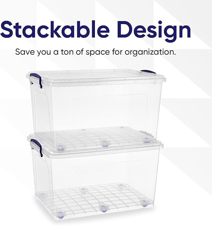 Superio 44 Qt Clear Plastic Storage Bin with Lid and Wheels Non-Toxic BPA Free Odor Free Organizer Storage Box Stackable Plastic Tote for Home Garage Closet