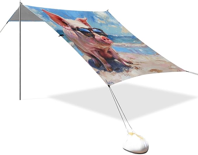 ALAZA Oil Painting Funny Pig on The Beach Beach Tent Sun Shelter Portable Canopy Sunshade for Outdoor Camping Picnics Backyard Fun 10x9 ft