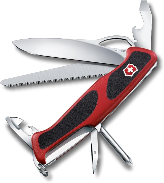 Victorinox Ranger 78 M Grip Swiss Army Knife 12 Functions Swiss Made Pocket Knife with Large Lock Blade Tweezers and Wood Saw - Red/Black