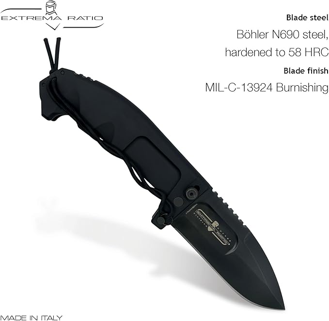 Extrema Ratio - RAO II (Black) Folding Knife Böhler N690 Steel Blade Burnished Finish Secure Locking System Anticorodal Anodized Aluminum Handle Handcrafted in Italy Heavy-Duty and Reliable