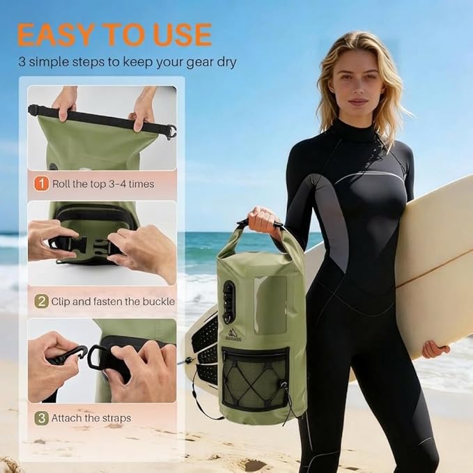Waterproof Dry Bag 500D PVC Roll Top Dry Sack with 3 Carrying Ways Lightweight Waterproof Bag for Kayaking Swimming Boating Paddle Boarding Hiking Beach (Army Green 25L)