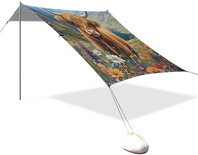 ALAZA Oil Painting Highland Cow Flowers Beach Tent Sun Shelter Portable Canopy Sunshade for Outdoor Camping Picnics Backyard Fun 10x9 ft