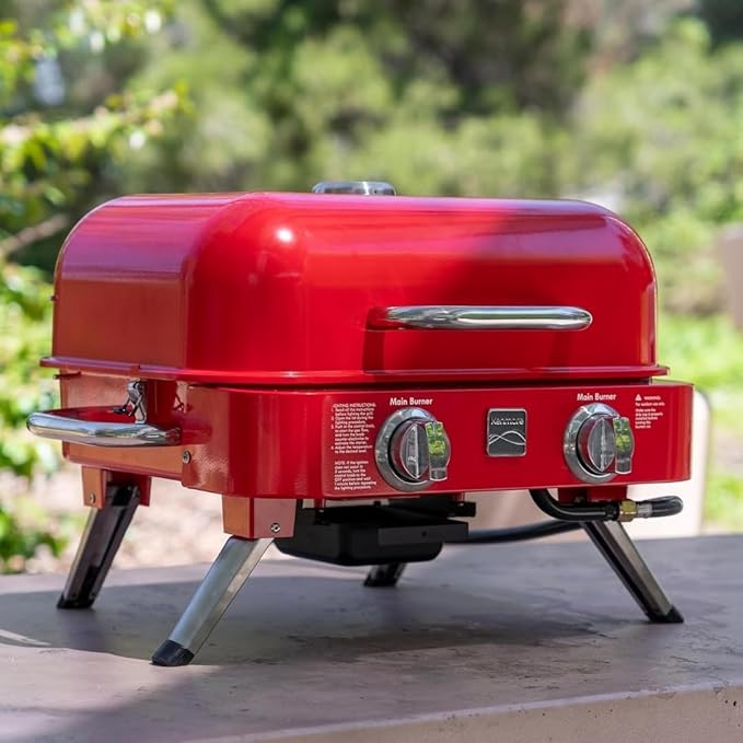 Kenmore Portable Propane Gas Grill - Tabletop BBQ Grill with Warming Rack 2 Stainless Steel Burners with 14000 BTUs for Outdoor Kitchen Camping Red
