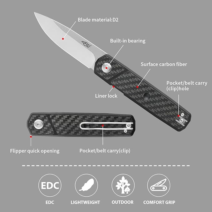 Firebird GANZO FH927 Sturdy Pocket Folding Knife D2 Steel Blade G10 Anti-Slip Handle with Clip Camping Hunting Fishing Outdoor EDC Utility Pocket Knife (Carbon Fiber)