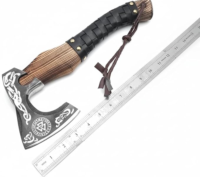 Viking Axe Ashwood Handle Handmade Carbon Steel Blade Outdoor Camping Hunting Norse Hatchets Axes with Black Leather Wrapped Handle &amp Leather Sheath Wood Splitting Axes