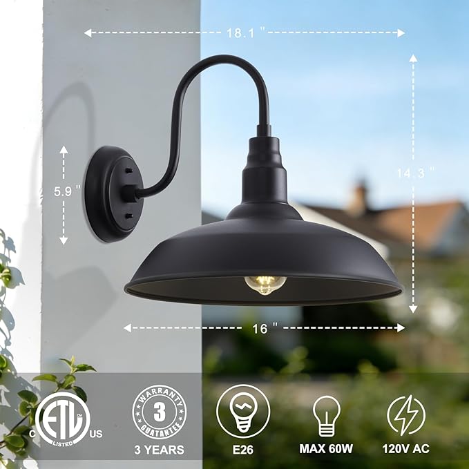 Large Black Gooseneck Barn Light for Farmhouse 16in Dome Outdoor Wall Lights for Porch 4 Pack Exterior Lighting Fixture with Goose Neck Arm for Front and Back Porch House Garage Door