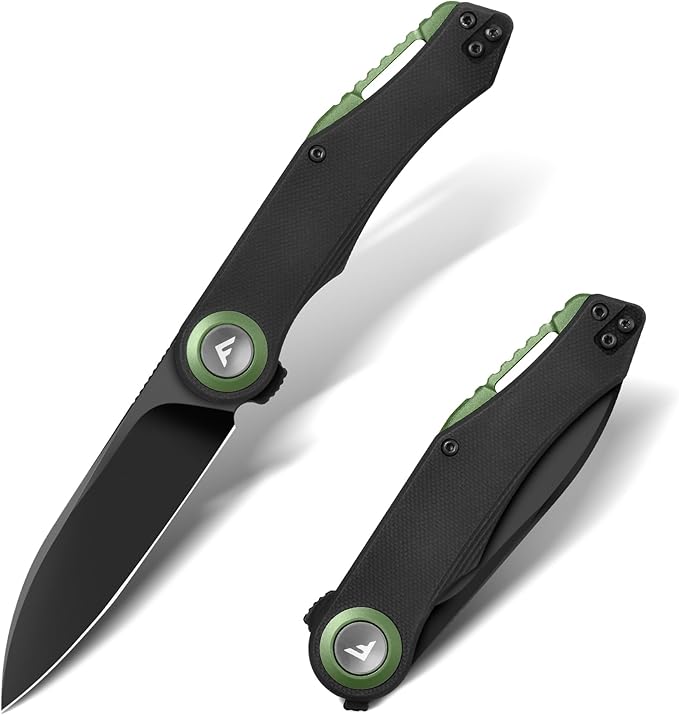 FLISSA Button Lock Folding Knife 3.1 D2 Steel Blade EDC Pocket Knife with G10 Handle Flipper Belt Clip Bearings for Outdoor Camping Hiking Fishing Hunting Gift for Men &amp Women (Green)