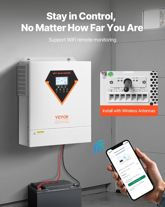 VEVOR Hybrid Solar Inverter 3500W Single Phase Pure Sine Wave Power Inverter 24V DC to 220/230V AC with Built-in 100A MPPT Solar Charge Controller for Off-Grid System Lead Acid Lithium Battery
