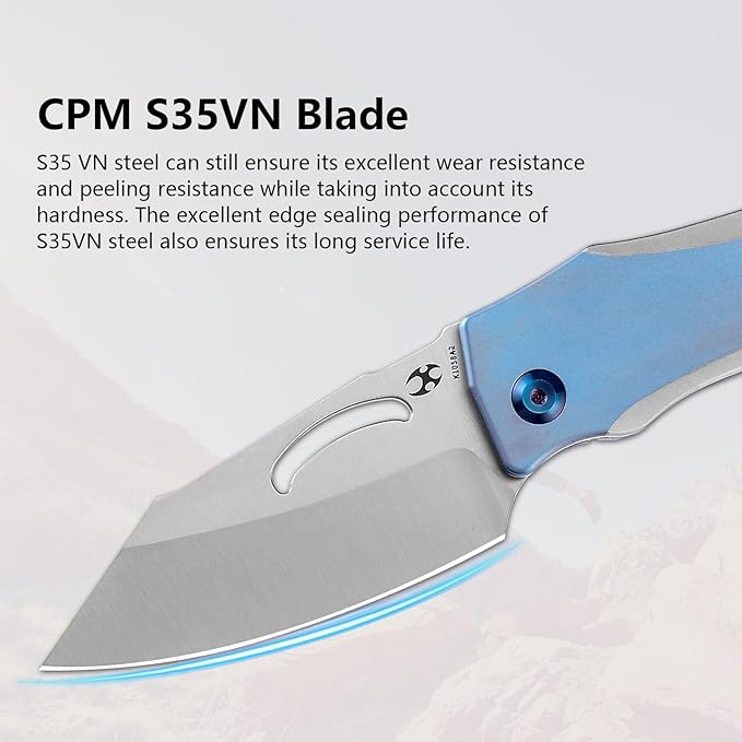 KANSEPT Loki Pocket Folding Knives for Men EDC Camping Folding Knife 2.99'' Satin CPM S35VN Blade Material Pocket with Plain &amp Blue Anodized Titanium Handle Everyday Carry K1058A2