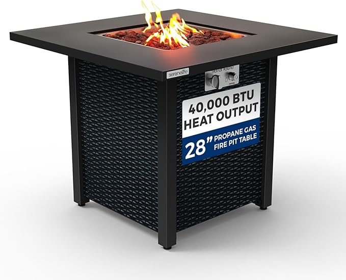 SereneLife Outdoor Propane Fire Pit Table - 40000 BTU Square Gas Fire Table with Steel Top Rattan-Style Panels 6.6 lbs Lava Rock Set Pulse Ignition for Patio &amp Backyard Heating 28 x 28 x 24 i