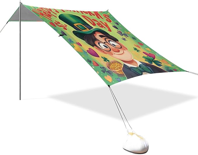 xigua St. Patrick's Day Beach Tent Sun Shelter with Carrying Bag - Silver Coated Oxford Fabric Beach Canopy for Beach Camping Fishing - Includes Windproof Ropes Sandbags &amp Stakes