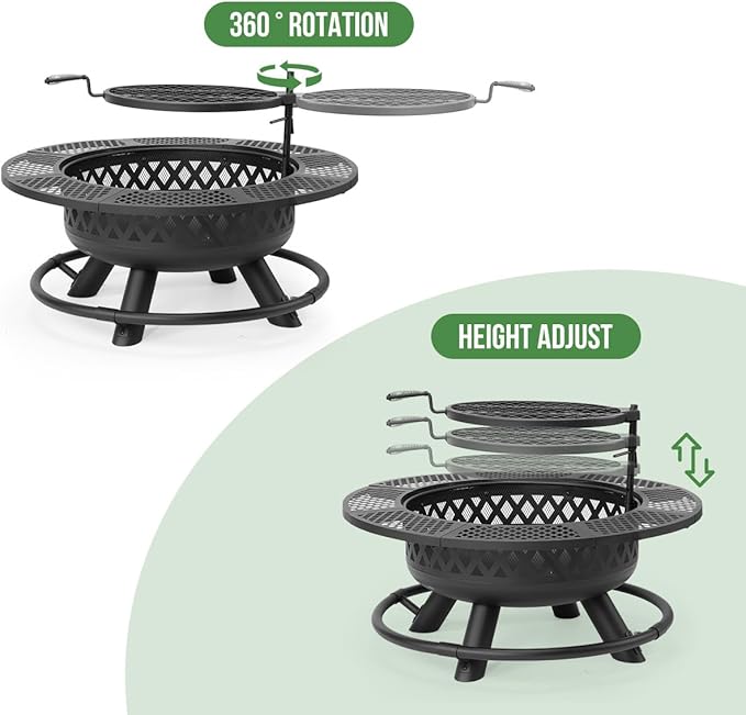 Panovue 42 Inch Outdoor Fire Pit with Grill Large Firepit Table for Outside Metal Round Firepits with Lid&ampFire Poker3 in 1 Wood Burning Fire Pits &amp Outdoor Fireplaces for BackyardPatio(42'
