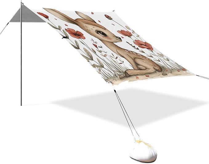 ALAZA Hand Drawn Cute Fawn Deer Poppy Beach Tent Sun Shelter Portable Canopy Sunshade for Outdoor Camping Picnics Backyard Fun 10x9 ft