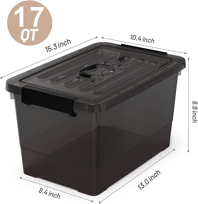 Plastic Storage Bins with Latching Lids.3 Packs Stackable Storage Containers for Organizing.Large Clear Black Storage Box for GarageClosetKitchen.17 QT