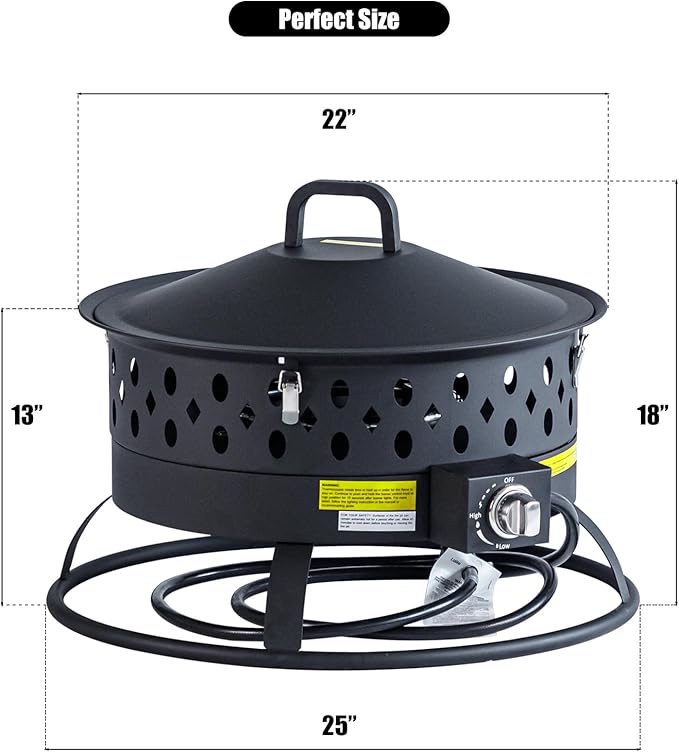 Verdeluxe 22 Inch Portable Propane Fire PitGas Fire Pit for Outside with Lid &amp Handle Smokeless Gas Firepit Bowl with Lava RocksOutdoor Propane Firepits for CampingPatioYardBonfire.(Black)