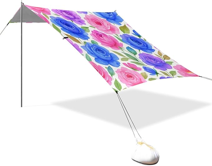 Beach Canopy with Windproof Ropes &amp Sandbags Beach Tent Sun Shade Sun Shelter for Camping Trips Fishing Backyard Fun or Picnics Roses and Peonies
