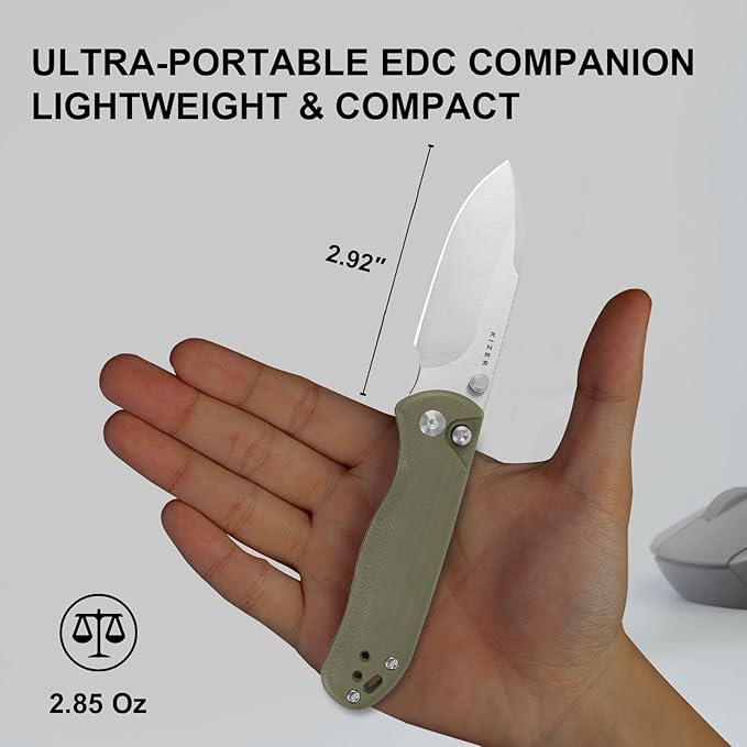Kizer Drop Bear 2 Pocket Knife 2.92 AEB-L Drop Point Blade Folding Knife with Olive Green G10 Handle Button Liner Lock EDC Knives with Jimping on Spine for Men Women V3619.2CD2