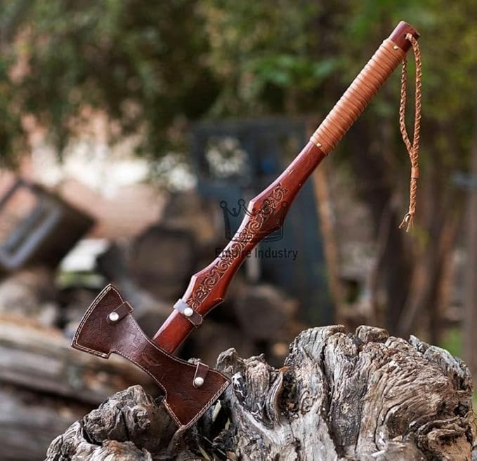 Handmade High Carbon Steel Double Edge Viking Axe - Valhalla Axe with Sheath - Viking Hatchet - Hunting Axe - Rose Wood Handle - Hand Engraved Design by Empire Industry