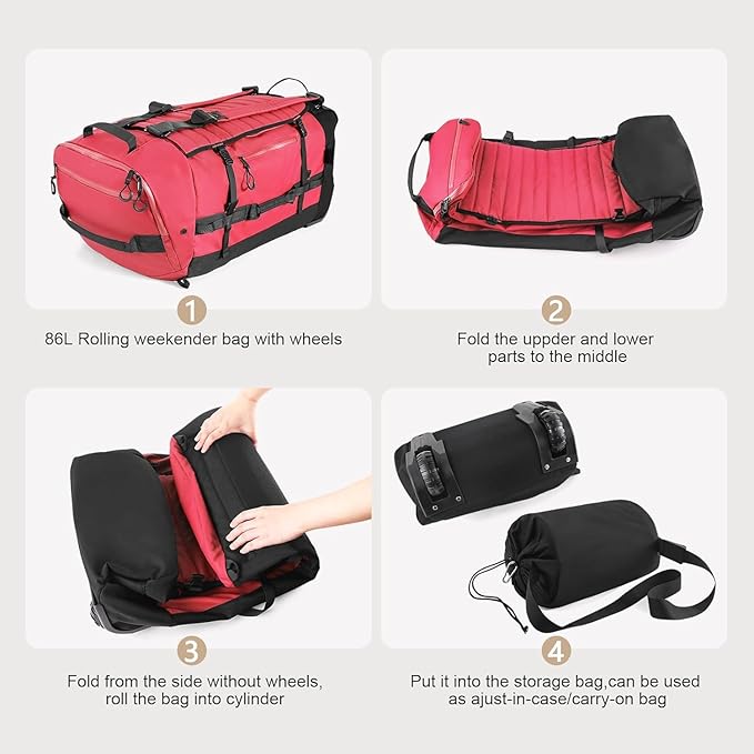 Rolling Duffle Bag with Wheels86L 30”Carry on Luggage with WheelsFolding Travel BagDuffle Backpack with Separate Shoe Compartment (red)