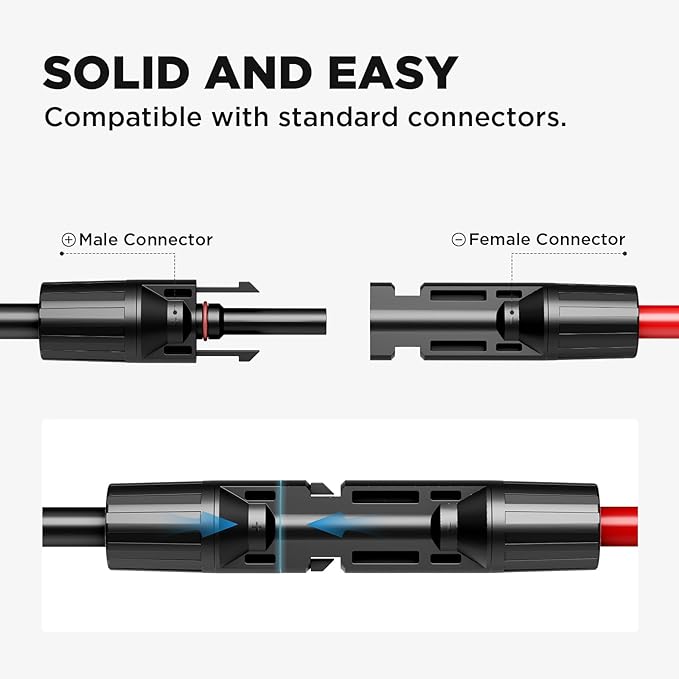 20FT 10AWG Solar Extension Cable (Red + Black) 30A/1000V DC IP68 Waterproof PV Wire with Compatible Quick Connectors for Connecting Solar Panels Controllers and Solar Systems