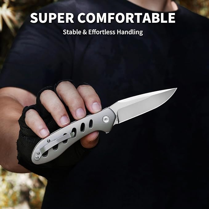 Small EDC Pocket Knife for Men &amp Women - 3 Drop Point D2 Blade Titanium Handle with Button Lock &amp Pocket Clip | Small Slim Cool Folding Knife for Daily Carry Camping Hiking &amp Outdoor Us