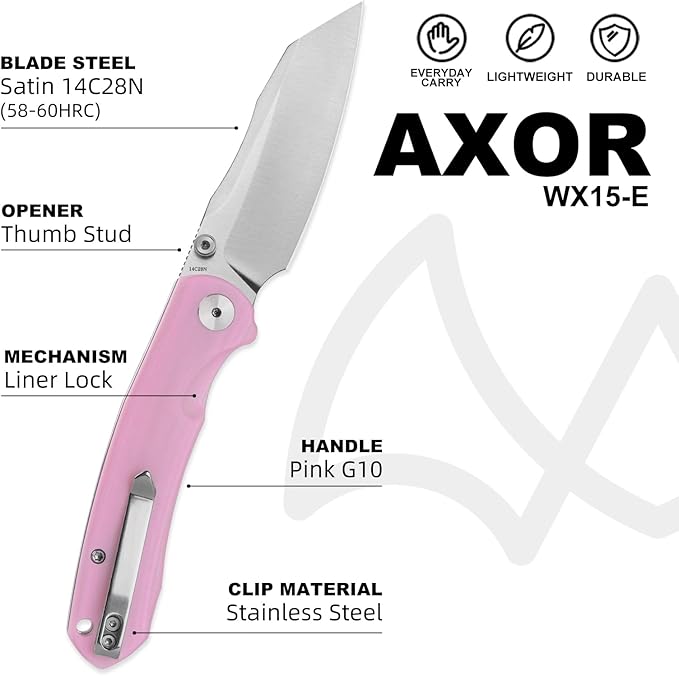 Folding Pocket Knife 3.35 14C28N Blade G10 Handle Liner Lock EDC Knife Small Pocket Knife for Men Sharp Pocket Knives Camping Hiking Hunting Survival Knives with Clip (Pink)
