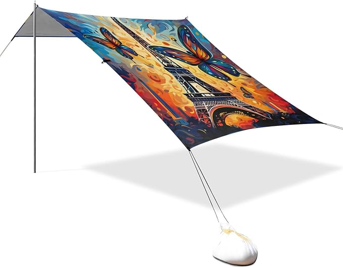 ALAZA Paris Eiffel Tower Colorful Butterfly Starry Beach Tent Sun Shelter Portable Canopy Sunshade for Outdoor Camping Picnics Backyard Fun 10x9 ft