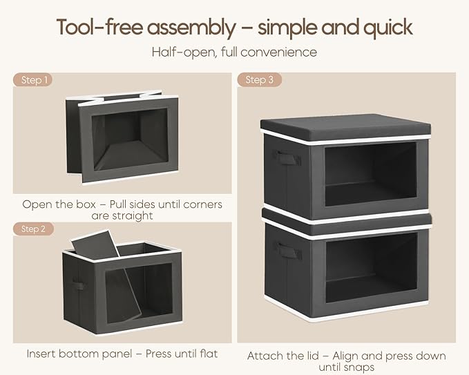 Homsorout Collapsible Storage Bins with Lids - Stackable Storage Containers with Window 6 Pack Fabric Cube Bins for Closet Home &amp Office Organization Baskets Dark Gray 14.9 x 9.8 x 9.8