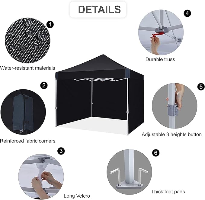 Eazy Up OUTDOOR WIND 10x10 Pop Up Canopy with Sidewalls Heavy Duty Commercial Instant Canopy Tent with Sand Bags for Deck Party Camping Backyard Playground Black