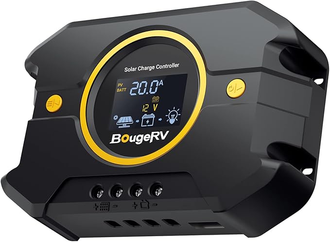 BougeRV 20A PWM Solar Charge Controller with BT APP Control Backlit LCD Display USB Port 12V/24V Compatible with Lithium/AGM/Gel/FLD Batteries Ideal for RV Marine Boat Off-Grid Systems