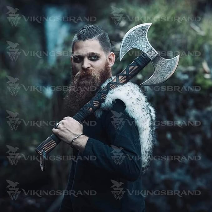I Camping Axe Tomahawk Viking Bearded Axe Christmas gifts-27 Long Odin's Double Edge Head Viking Axe Twin Blade Axe with Ash Wood Handle with Genuine Leather Sheath (OD-007)