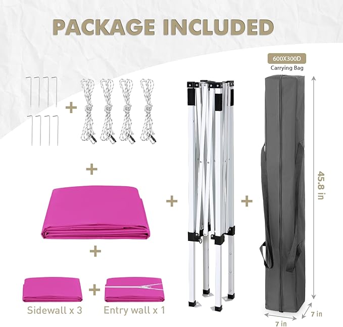 EAGLE PEAK 5x5 Instant Canopy with 4-Side Wall Panels Small Pop up Portable Canopy Tent with Carry Bag Light Weight Sun Shelter for Sports Camping and Beach Pink