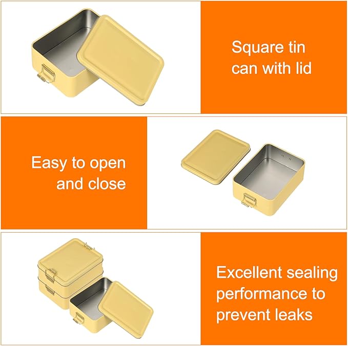 uxcell 2Pcs Metal Tinplate Box with Lids 5.7x4.3x2.2 Empty Rectangular Tin Box Container with Clasp for Home Office Travel Organizer Gifts Cookies Pencil Case Craft Storage Yellow