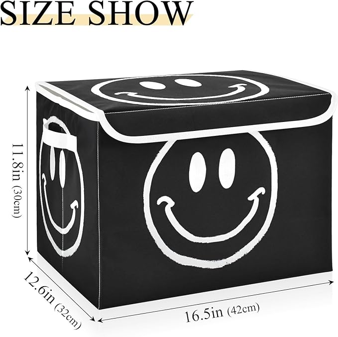 Happy Face Black White Large Storage Bins with Lid Foldable Storage Cubes Fabric Closet Organizer Containers Box Baskets with Flip-Top Lid for Home Office 16.5” x 12.6” x 11.8”