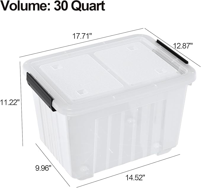 30 Quart Clear Storage Bins with Wheels and Latching Lid Stackable Plastic Totes with Snap Latches Nesting Containers 4 Packs