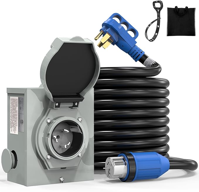 50 Amp Generator Cord and Power Inlet Box (Pre-Drilled) 30 FT 4 Prong 125V/250V NEMA 14-50P/SS2-50R Twist Lock Generator to House Power Cord Generator Inlet Box Kit for Emergency Backup Power