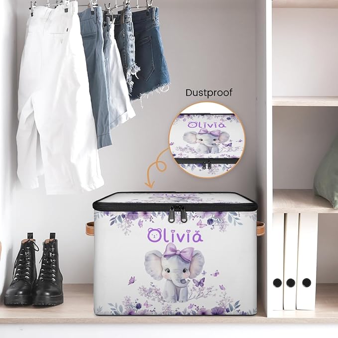 Custom Elephant Storage Bins with Lid Foldable Personalized Storage Basket Boxes with Handle Purple Flowers Shelf Basket Closet Organizer Cube