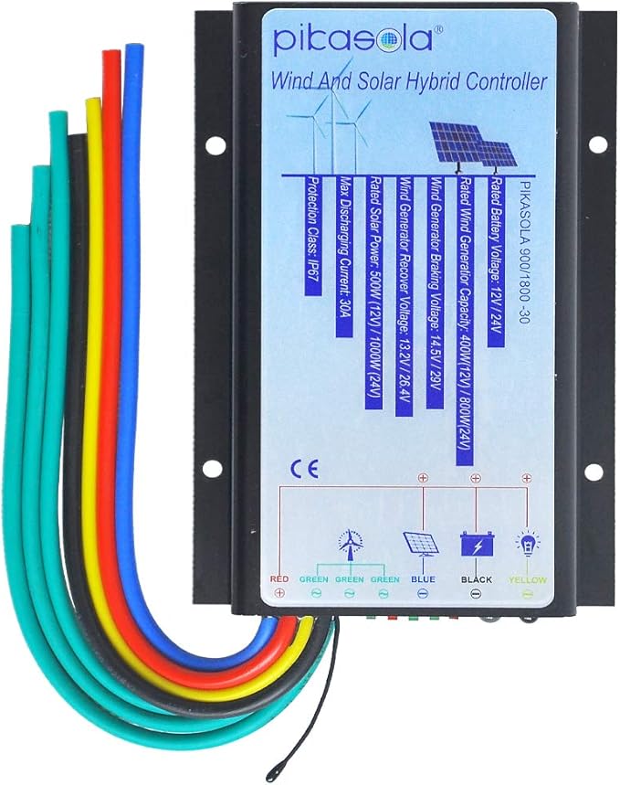 Pikasola Hybrid Wind &amp Solar Controller for 12V/24V Battery Auto 30A Charge Controller for Off Grid Max 800W Wind Turbine &amp 1000W Solar Panel with MCT Charging