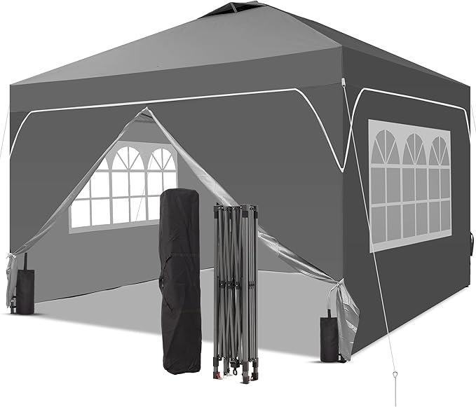 GDY 8x8FT Pop Up Canopy Tent with One Push Setup Easy to Install with 4-Sidewalls for Events Parties Camping Outdoor Gazebo with 4-Sandbags Grey.