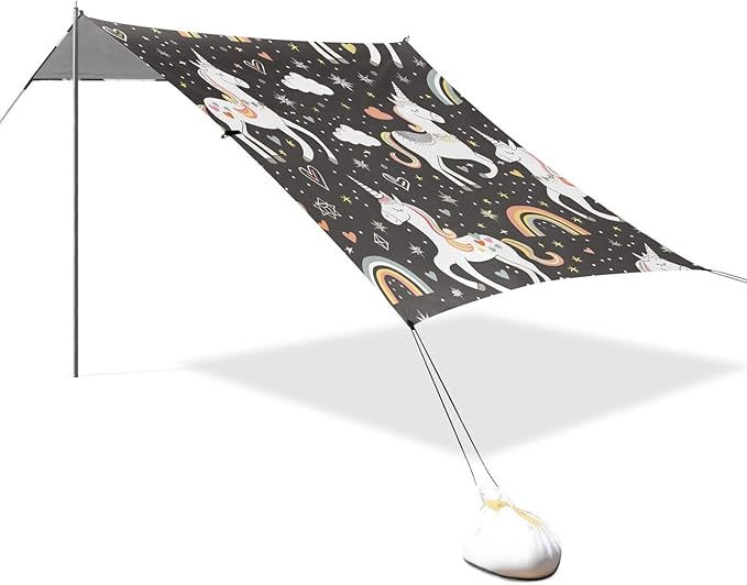 ALAZA White Unicorns Rainbows Pattern Beach Tent Sun Shelter Portable Canopy Sunshade for Outdoor Camping Picnics Backyard Fun 10x9 ft