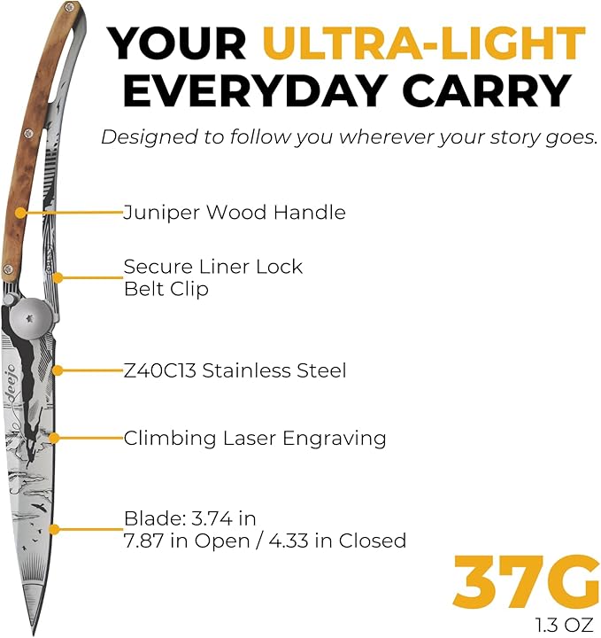 deejo - 37G Folding Pocket Knife with Belt Clip - Climbing Design 3.7-Inch Stainless Steel Blade Juniper Wood Handle - Lightweight Everyday Carry for Home Work and Outdoor Use