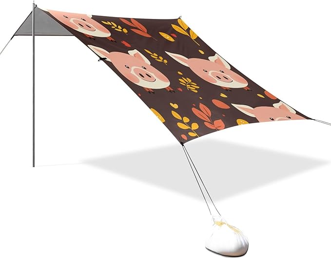 Little Pig Faces Foldable Beach Cabana UPF50 Easy Setup Large Sun Shelter with Sand Shovel for Camping Picnics Backyard