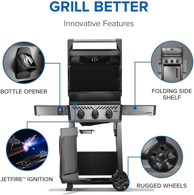 Napoleon Freestyle 365 Propane Gas Outdoor Grill Graphite Grey – 3-Burner BBQ with Porcelain Coated Cast Iron Iconic WAVE™ Cooking Grids