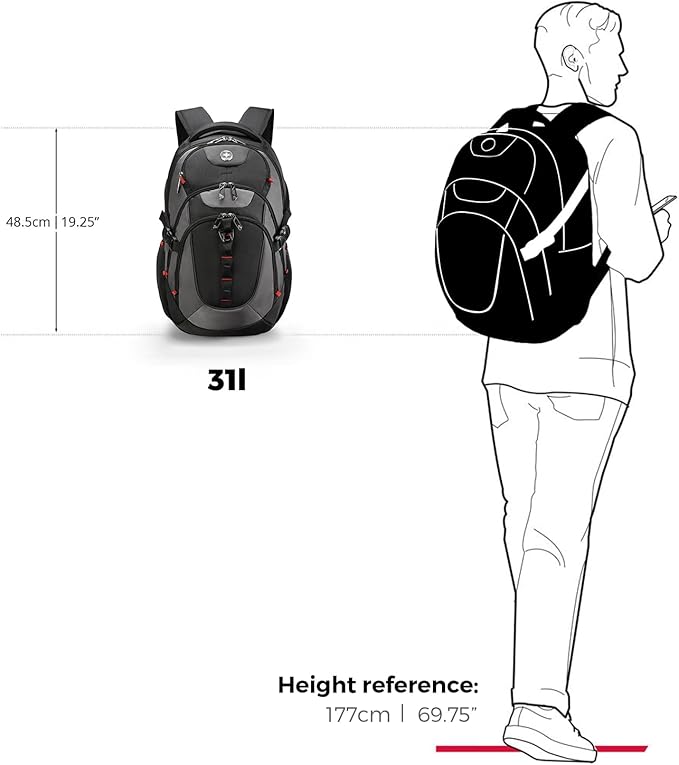 Swissdigital Design Laptop Backpack with USB Charging Port Travel Backpack Fits 15.6 inches Computer 31L College School Backpack for Men Black/Grey | SD803-02