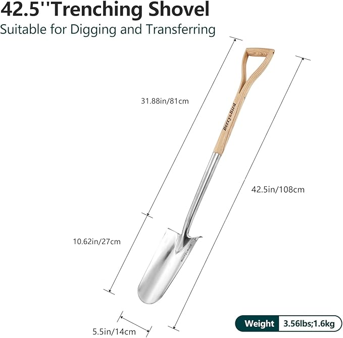 Berry&ampBird Trenching Shovel Garden Drain Spade Shovel with Wood Handle 42.5 Stainless Steel Gardening Planting Spade Heavy Duty Root Cutter Shovel Trench Shovel for Digging Transplanting &amp