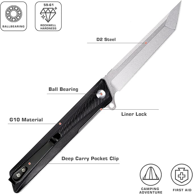 REMETTE Pocket Knife GD22K Flipper Open D2 Steel Tanto Folding knife with Durable G10 HandleMen Women Everyday Carry EDC KnifeSharp Camping Hiking Daily Work Knives