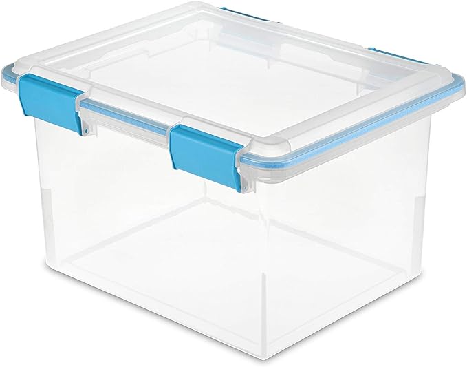 Sterilite 32 Quart Stackable Clear Plastic Storage Tote Container with Blue Gasket Latching Lid for Home and Office Organization Clear (20 Pack)