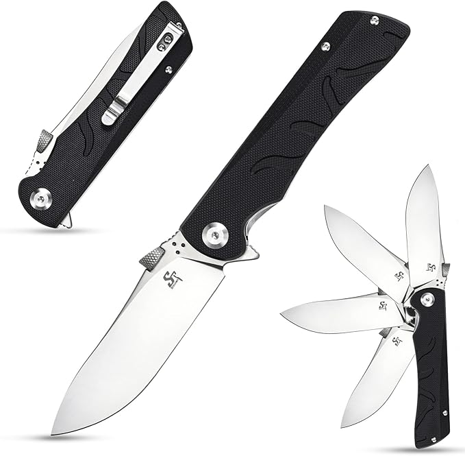 Sitivien ST134 Folding KnifeD2 BladeG10 Handle with Unique Thumb Stud Opener for Outdoor EDC Camping(Black)